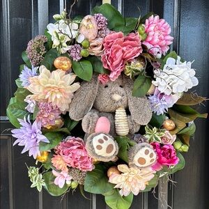 Floral Wreath with Plush Bunny and Pink Accents perfect for easter
